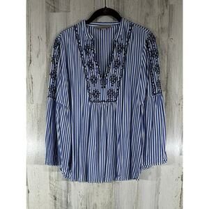 Loft Top Size Small Blue Stripe Black Embroidery Bell Sleeves Pleated Notch Neck